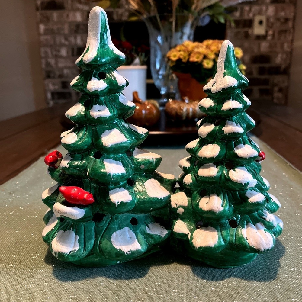 Department 56 Snow Village Small Double Tree #5016-1 1986 Ceramic Boxed